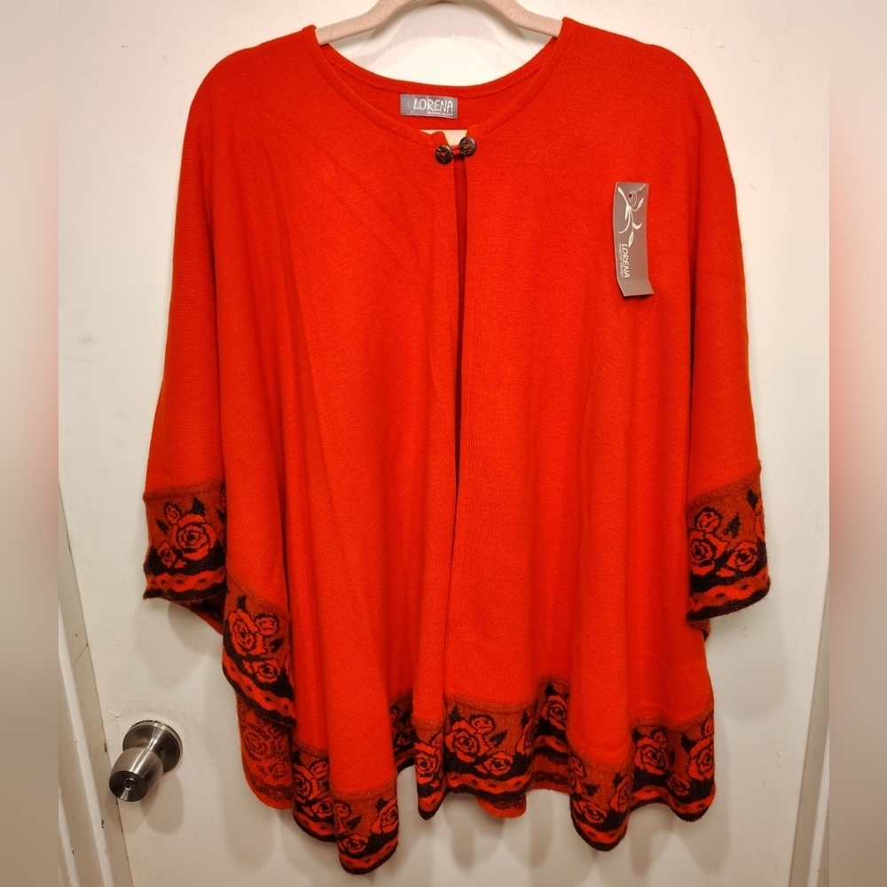 Lorena NWT Women's Red Sweater Cape  Poncho Black Rose Trim OS Outdoor Romantic
